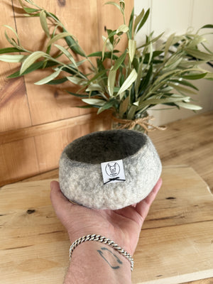Hand holding alpaca fleece grey and white felted small bowl with plant in background.